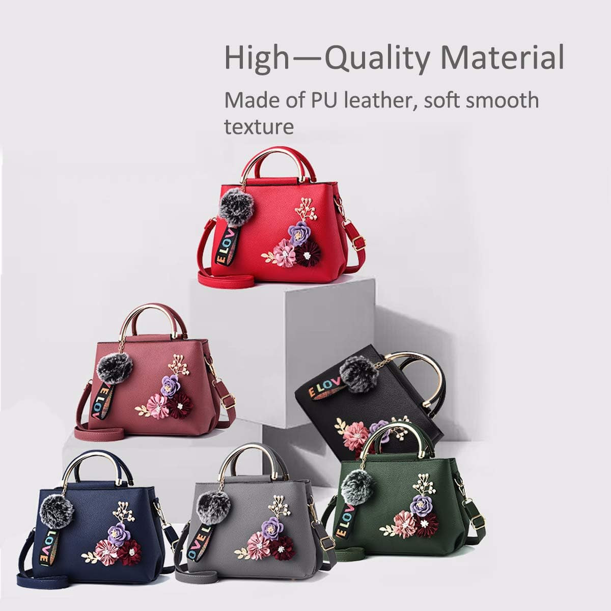 NICOLE&DORIS Women Leather Handbag Shoulder Bags with Flower Vintage Handle Bag Designer Tote Purse with Pompom Red