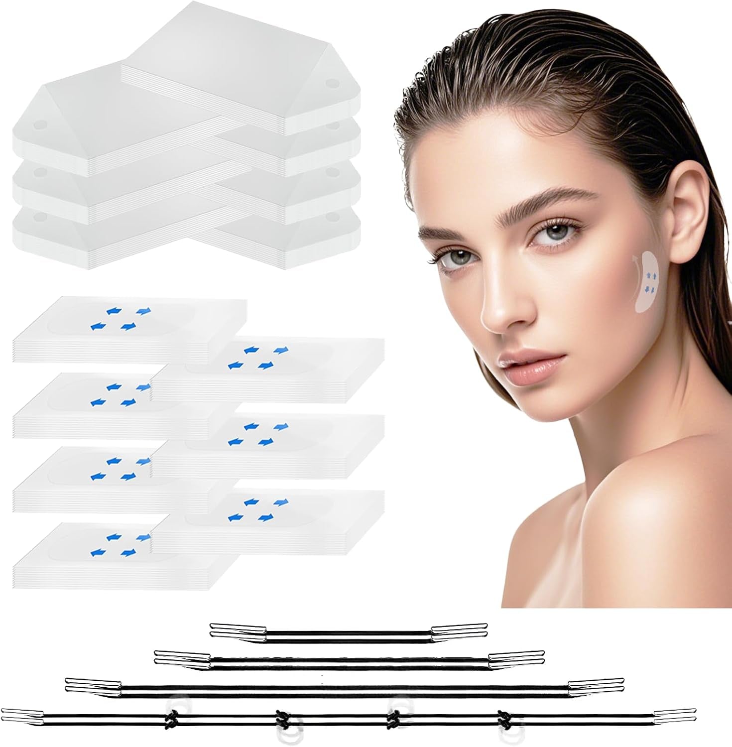 148Pcs Face Lift Tape Invisible with 8 String, V Edge Patches Face Lift for Wrinkles, Instant Neck Lifting Tape and Bands for Double Chin Saggy, Tightening Skin Make up Tools (70 Rope + 70 Cordless)