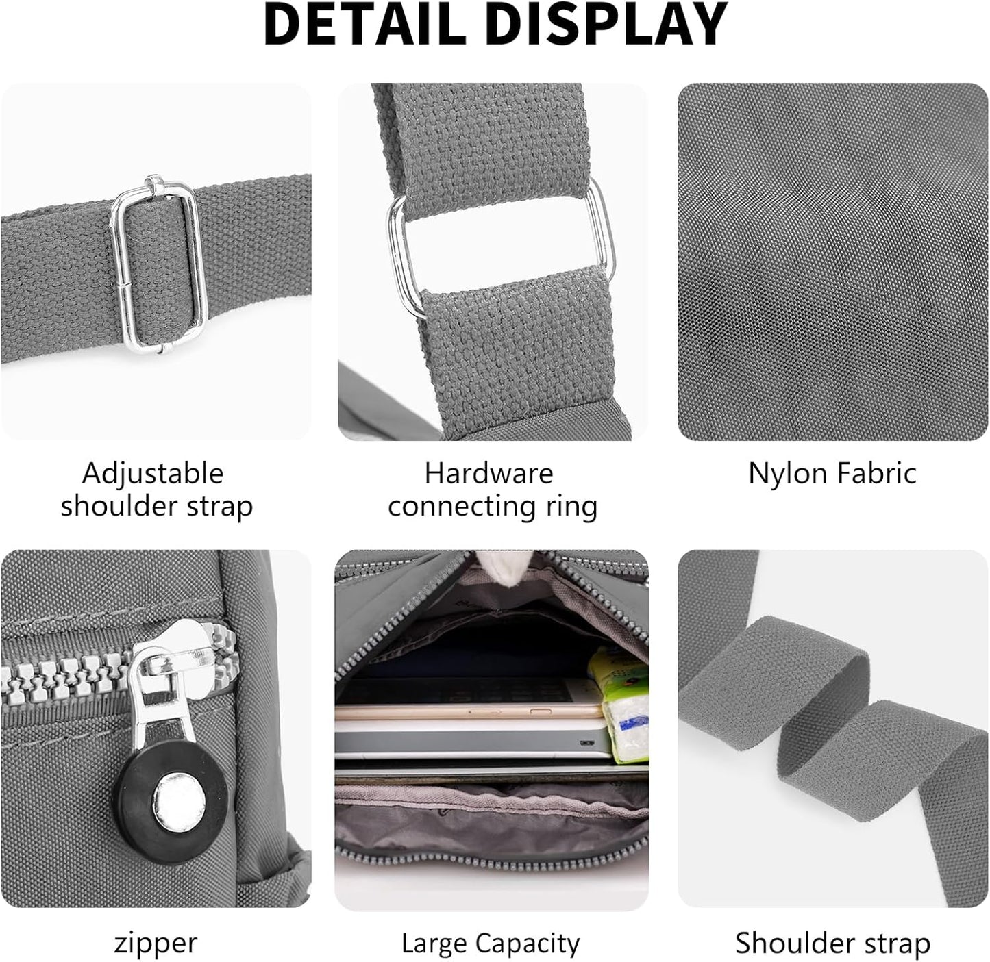 Nylon Crossbody Bag for Women Waterproof Multi-Pocket Handbag Shoulder Bags Travel Messenger Bag Ladies Tote for Shopping Hiking Daily Use