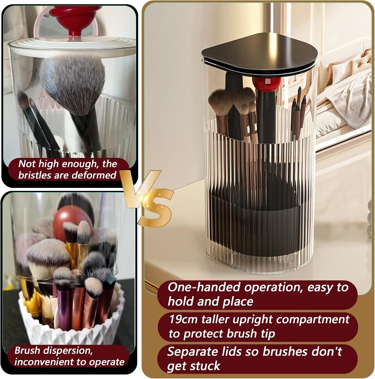 Makeup Brush Holder with Cocered, One-Hand Press Open/Close Mechanism Cosmetic Tools Organiser, Clear Waterproof Dustproof Make up Storage for Vanity, Bathroom Countertop-Black-Red Ball