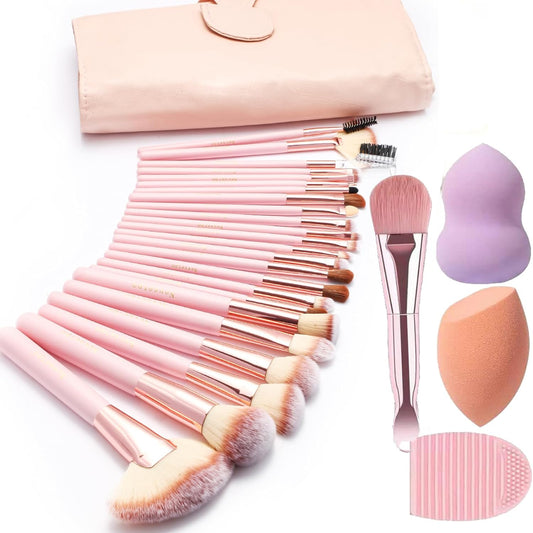Makeup Brushes, Quality Make up Brushes 28Pcs Makeup Brushes Set Professional & Beginner Make-Up Sets & Case, Brushes & Sponges,Travel-Friendly Roll-Up Beauty Gift Sets for Women, PINK