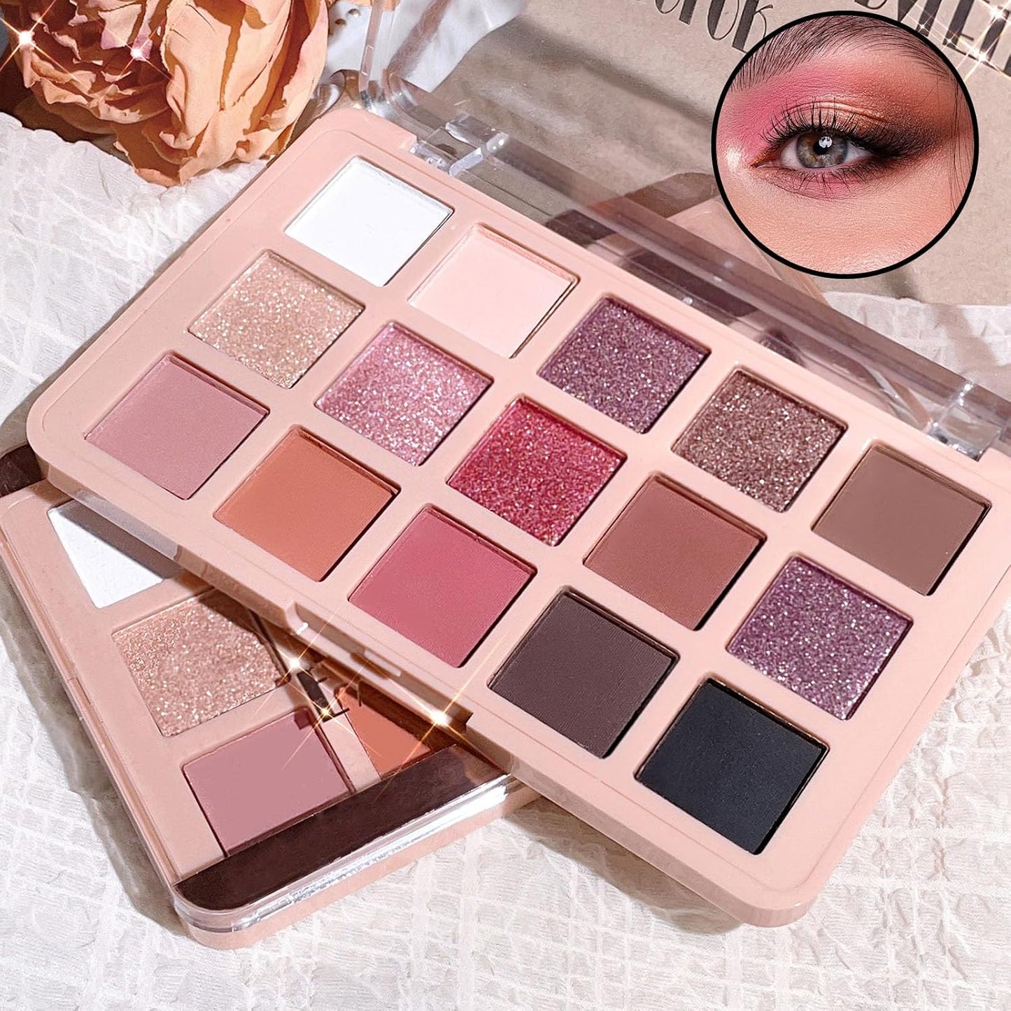 Eyeshadow Pink Eye Shadow Palette, Make-Up Palettes Shimmer Glitter Matte Shadows Pallets for Women, 15 Color Pink Brown Natural Long Lasting Highly Pigmented Eyeshadow Palette
