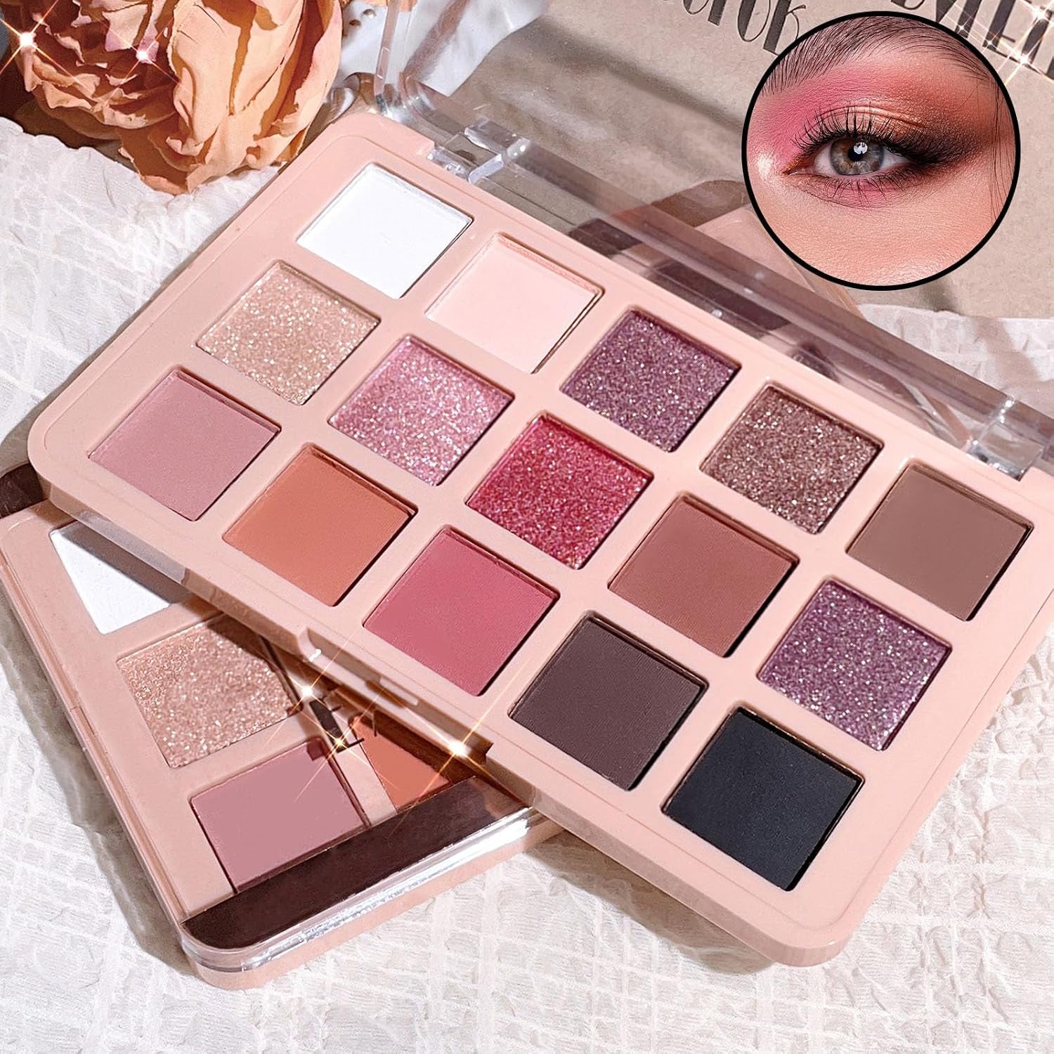 Eyeshadow Pink Eye Shadow Palette, Make-Up Palettes Shimmer Glitter Matte Shadows Pallets for Women, 15 Color Pink Brown Natural Long Lasting Highly Pigmented Eyeshadow Palette