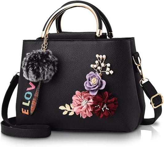 Women Leather Handbag Shoulder Bags with Flower Vintage Handle Bag Designer Tote Purse with Pompom Black