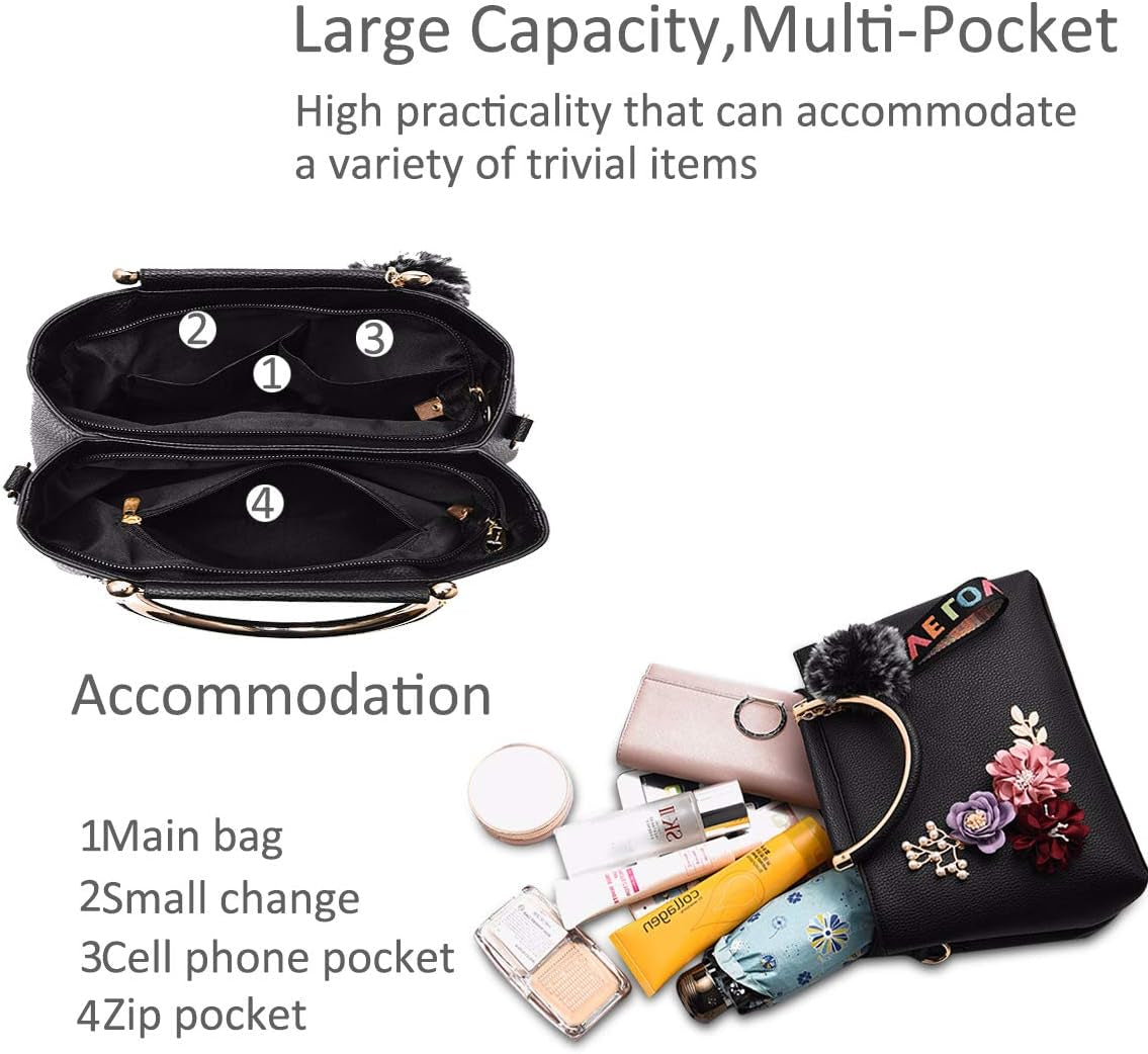 Women Leather Handbag Shoulder Bags with Flower Vintage Handle Bag Designer Tote Purse with Pompom Black