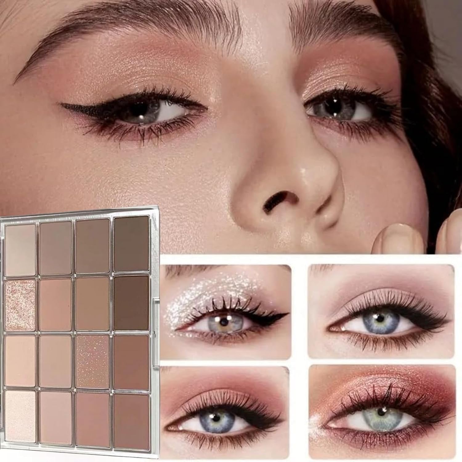 16 Colours Brown Grey Nude Eye Shadows Palette,Nude Eyeshadow Palette,Long Lasting Highly Pigmented Shimmer Matte Eyeshadow,Neutral Makeup Eye Shadows Palettes,Waterproof Brown Eyeshadow Palette