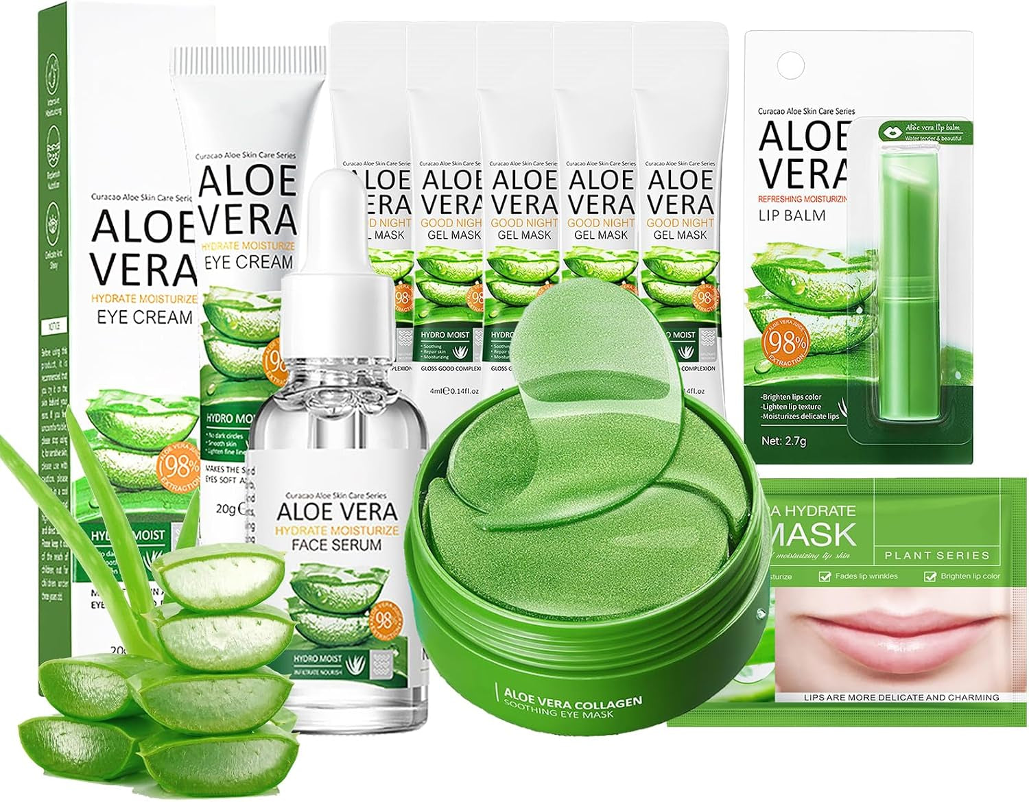 Aloe Vera Skincare Gift Set for Women - Self Care Gift Sets - Pamper Gift for Mum - Skin Care Sets & Kits - 10PCS Gifts for Teenage Girls - Face Serum-Gel Mask*5-Eye Cream-Eye Mask-Lip Mask-Lip Balm