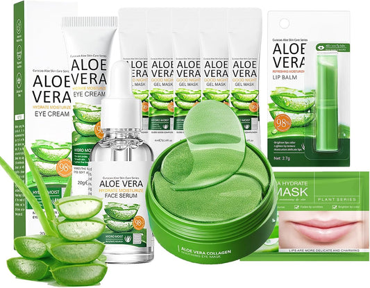 Aloe Vera Skincare Gift Set for Women - Self Care Gift Sets - Pamper Gift for Mum - Skin Care Sets & Kits - 10PCS Gifts for Teenage Girls - Face Serum-Gel Mask*5-Eye Cream-Eye Mask-Lip Mask-Lip Balm