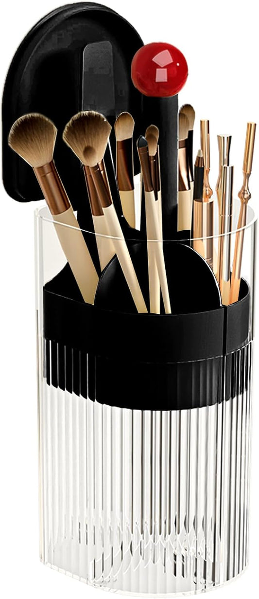 Makeup Brush Holder with Cocered, One-Hand Press Open/Close Mechanism Cosmetic Tools Organiser, Clear Waterproof Dustproof Make up Storage for Vanity, Bathroom Countertop-Black-Red Ball