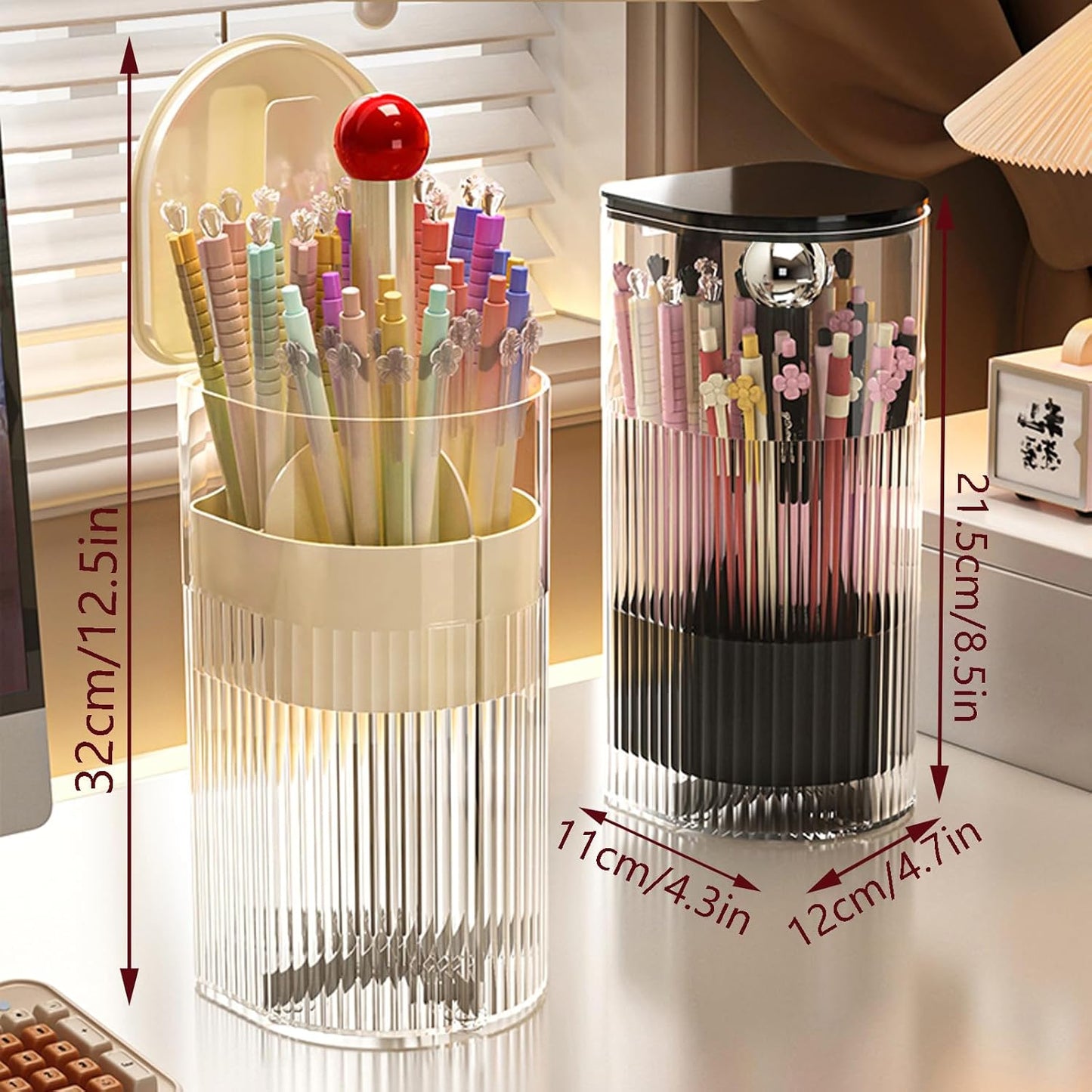 Makeup Brush Holder with Cocered, One-Hand Press Open/Close Mechanism Cosmetic Tools Organiser, Clear Waterproof Dustproof Make up Storage for Vanity, Bathroom Countertop-Black-Red Ball